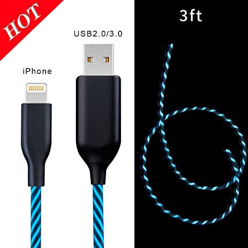 MKDGO 3ft Round USB Lightning Cable Visible LED Light Flow USB Charger Data Sync Cable Charging Lead for iPhone X/8/7/7 Plus/6s/6s Plus/6/6 Plus/5s/5c/5/iPad/iPod – Blue Light