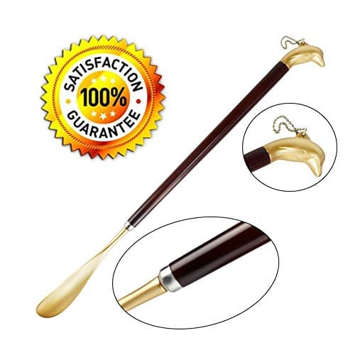 Long Handle Shoe Horn, 24" Extra Long Exquisite Solid Brass and Schima Superba Wood Dolphin Head Handle Shoe Horn Solid For Shoes and Boots and All Size Feet, For Men,Women,Kids, Elderly, Seniors