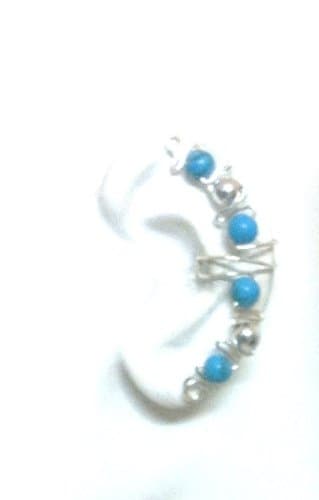 EAR Cuff Wrap with Turqoise and Silver Beads on Silver Nontarnish Wire