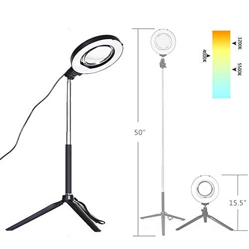 Dimmable Ring Light with Adjustable Height Light Stand，Selfie Stick and USB Plug,6" 3200K~5500K Beauty Table Top Lamp with Makeup Mirror,Mini Tripod and Phone Clamp, Perfect for Vlogs,YouTube Channel