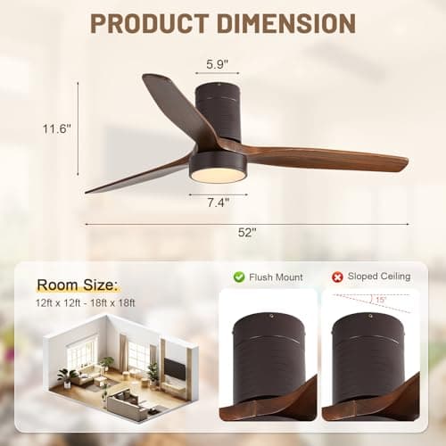 Sofucor 52 Inch Ceiling Fans with Lights, Flush Mount Ceiling Fan with Lights and Remote, Reversible DC Motor, Indoor/Outdoor 3 Blade Solid Wood Ceiling Fans for Bedroom Living Room Patio Farmhouse