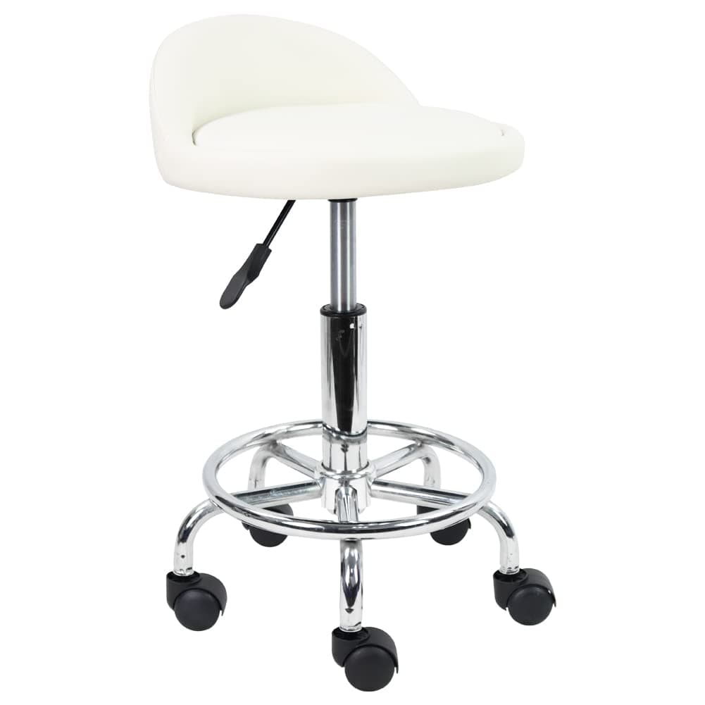 PU Leather Round Rolling Stool with Foot Rest Height Adjustable Swivel Drafting Work SPA Task Chair with Wheels (White)
