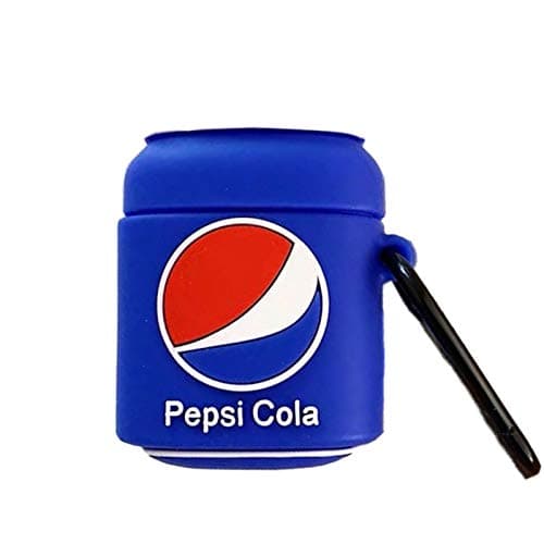 Shockproof Soft Silicone Pepsi Case with Keychain Hook for Apple Airpods 1 2 1st 2nd Generation 3D Blue White Coke Drink Can Shaped Fun Cool Unique Creative Fresh Gift Kids Teens Men Boys Girls Unisex