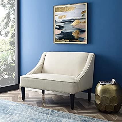 RESHUZ Clare Rectangular 2 Seater Bench Velvet Grey Upholstered Swoop Arm Sofa Bench for Living Room, Bed Room, Guest Room, Drawing Room, Halls, Office (White)