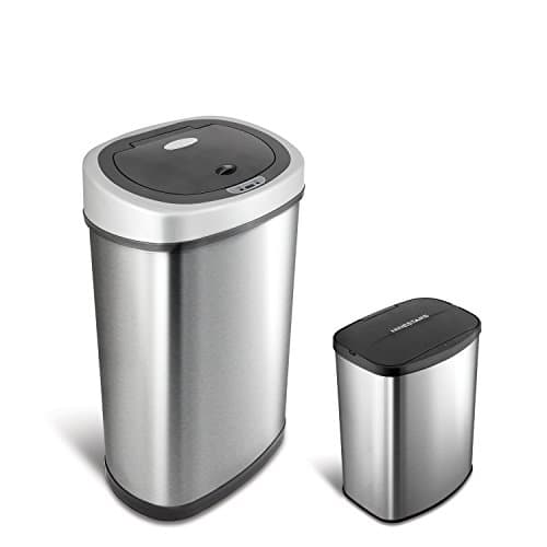 NINESTARS CB-DZT-50-98-1C Automatic Touchless Motion Sensor Oval & Rectangular Trash Can Combo Set, 13.2 Gal. 50 L. & 2.1 Gal.8 L., Stainless Steel