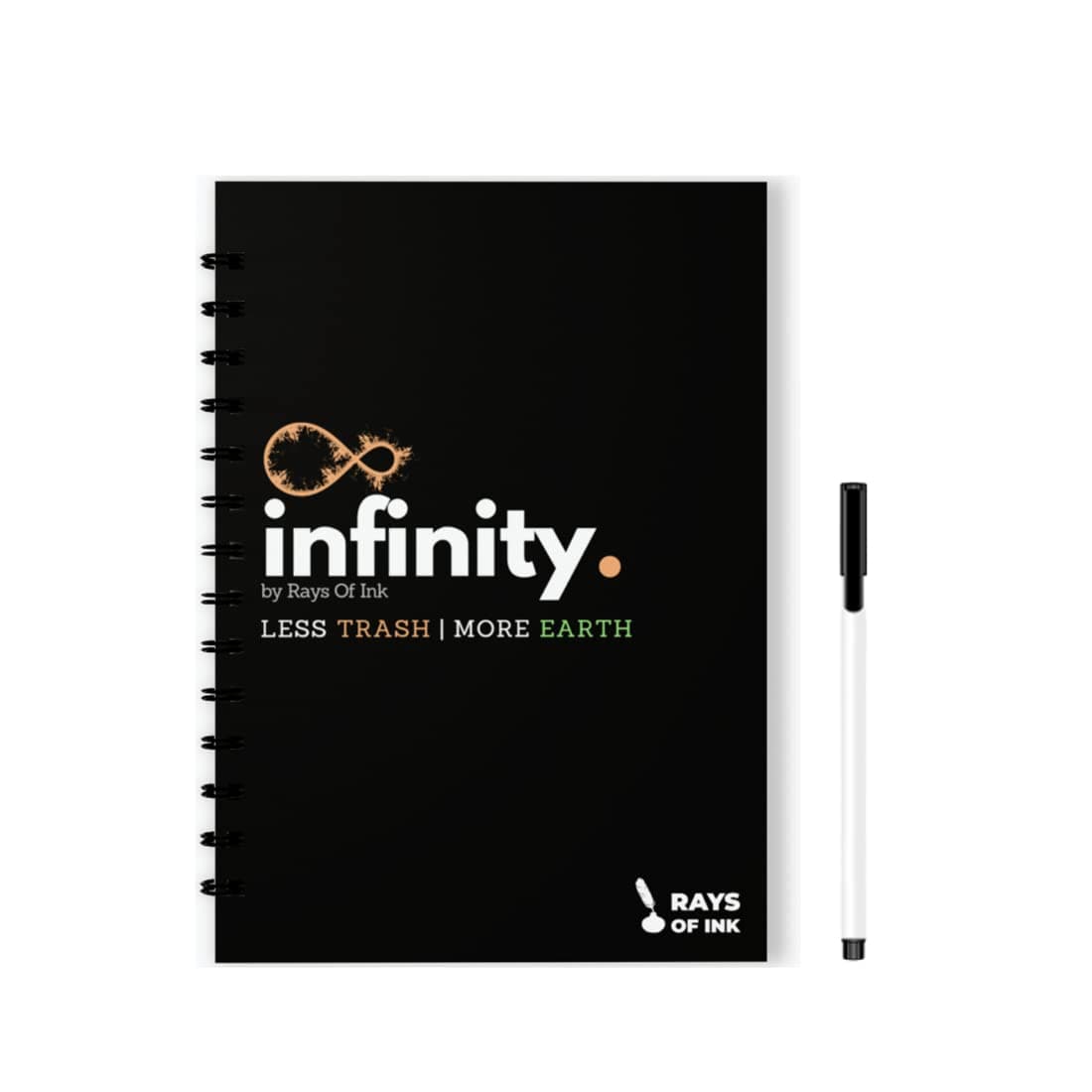 Rays Of Ink Infinity Re-writeable/Reusable Notebook - Eco Friendly Notebook with Fine Tip Marker & 2 Microfiber Cloth and A Pocket at Back | A4 Size (11.69" X 8.26" ) (1mm Tip Pen, Black)