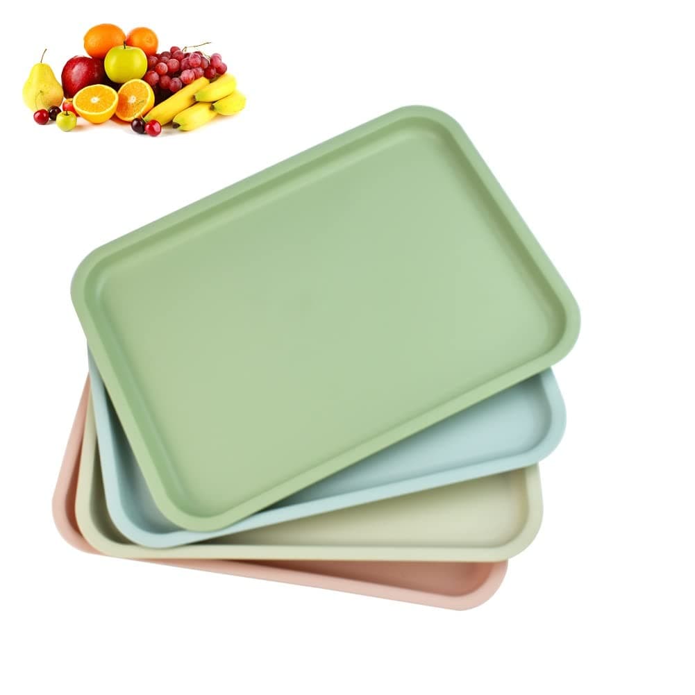 QUCUMER 4 Pcs Large Rectangular Plastic Food Trays - 14.4x10.5inch, Drink & Snack Serving Tray for Tea, Coffee (4 Color)