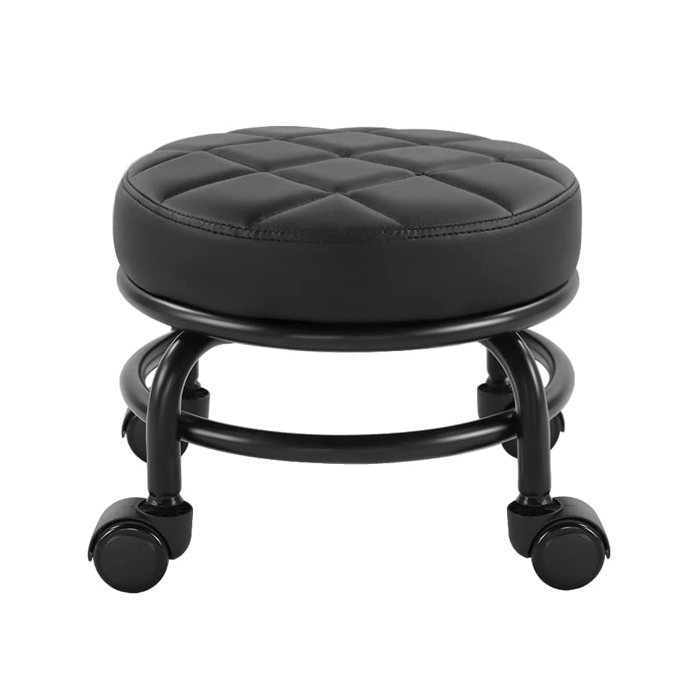 FURWOO Roller Seat PU Leather Low Round Rolling Floor Stool with Universal Caster Wheels for Home Fitness Sport Pedicure Stool, H：25.5cm(Black)
