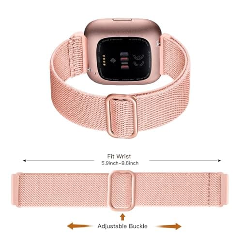 Maledan 3 Pack Elastic Band Compatible with Fitbit Versa 2/Fitbit Versa Bands for Women Men, Adjustable Stretchy Solo Loop Nylon Fabric Strap Replacement Wristbands, Black/Gray/Orange Pink