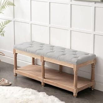 Bonzy HomeEnd of Bed Storage Bench,Upholstered Tufted Extra-Long Dining Bench, 45” French Vintage Entryway Bench with Shoe Storage for Bedroom Dining Room Living Room, Gray