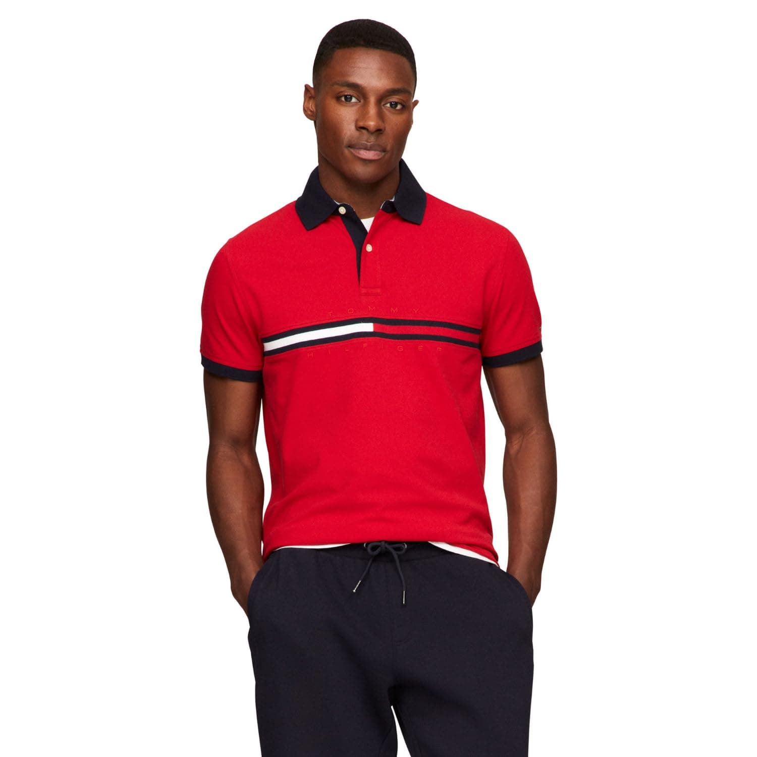Tommy Hilfiger Men's Short Sleeve Cotton Pique Flag Graphic Polo Shirt in Custom Fit, Apple Red, X-Small