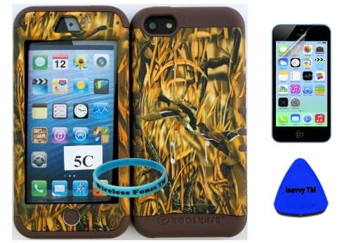 Apple Iphone 5c Hunter Series Ducks Grass Camo Design Pattern Plastic Protective Cover Case with Kickstand on Brown Silicone Gel. (Included: Wristband, Screen Protector, and Pry Tool Exclusively By Wirelessfones TM)