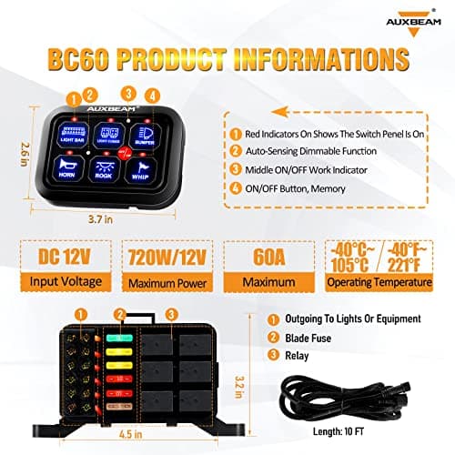 Auxbeam BC60 Switch Panel 6 Gang Universal Switch Panel with LED Switch Auto On/Off Switch Dimmable for Car Pickup Truck UTV ATV Boat Blue