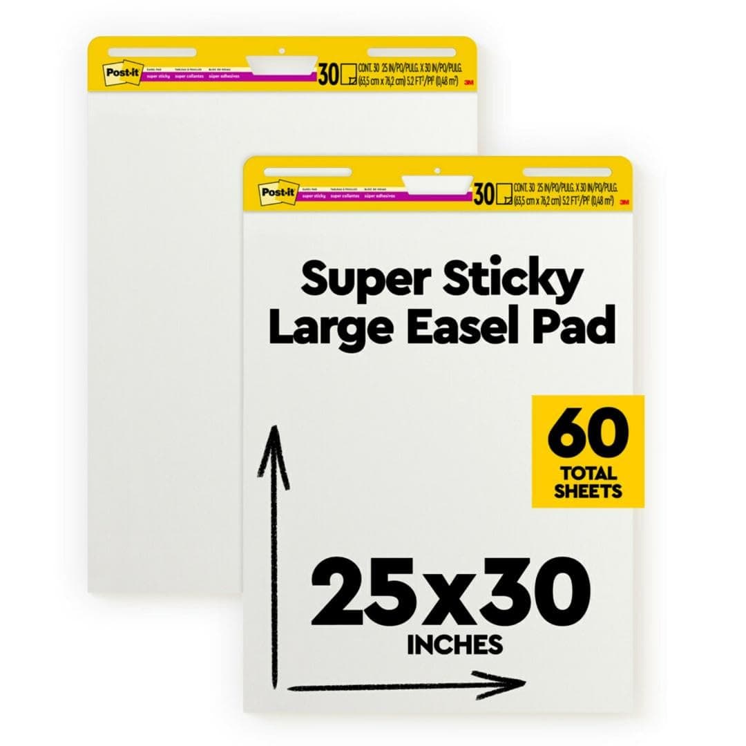 Post-it Super Sticky Easel Pad 25 x 30 in (77.5 x 63.5cm), 2 Pads/pack | White Paper | Self-stick Flip Chart Paper | Extra sticky Notes | Brainstorming | All Ideas Visible | 30 Sheets/Pad