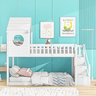 BTM Bunk Beds for Kids,Wood House Bunk Bed 90 * 190 cm, Wooden Bunk Beds,Cabin Bed Frame, Bunk Beds for Kids with Ladder and storage space