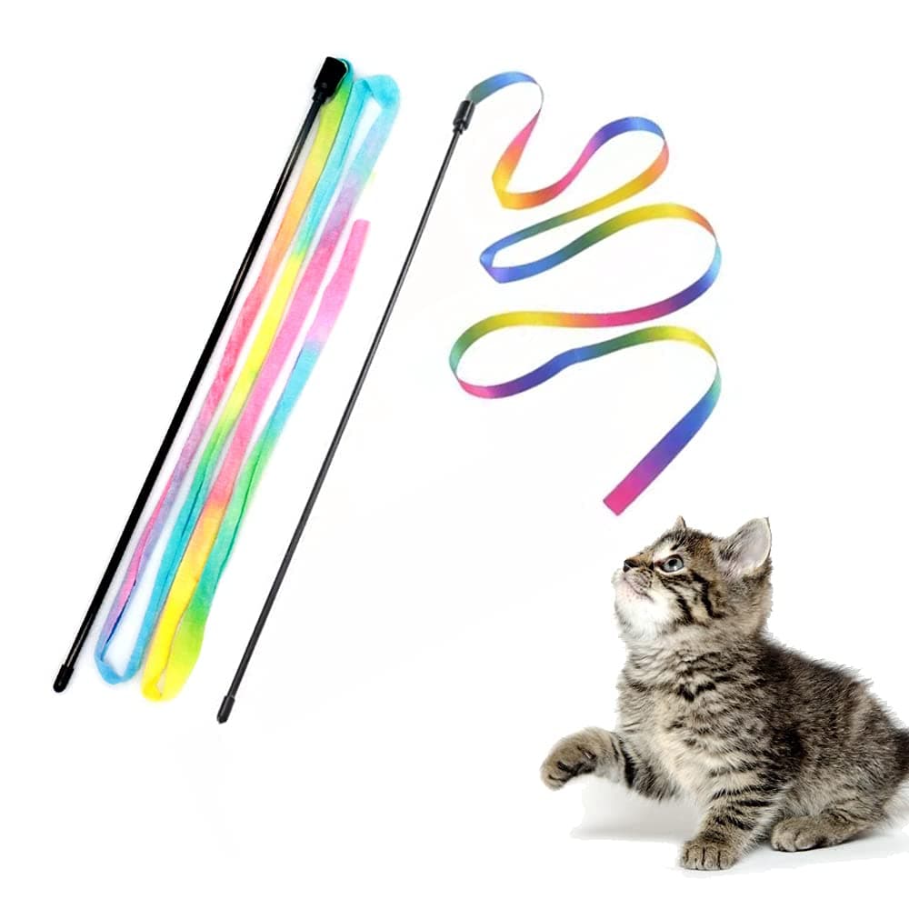 LASOCUHOO Interactive Cat Rainbow Wand Toys, Interactive Cat Teaser Wand String, Colorful Ribbon Charmer for Most Cats and Kittens - 2 Packs