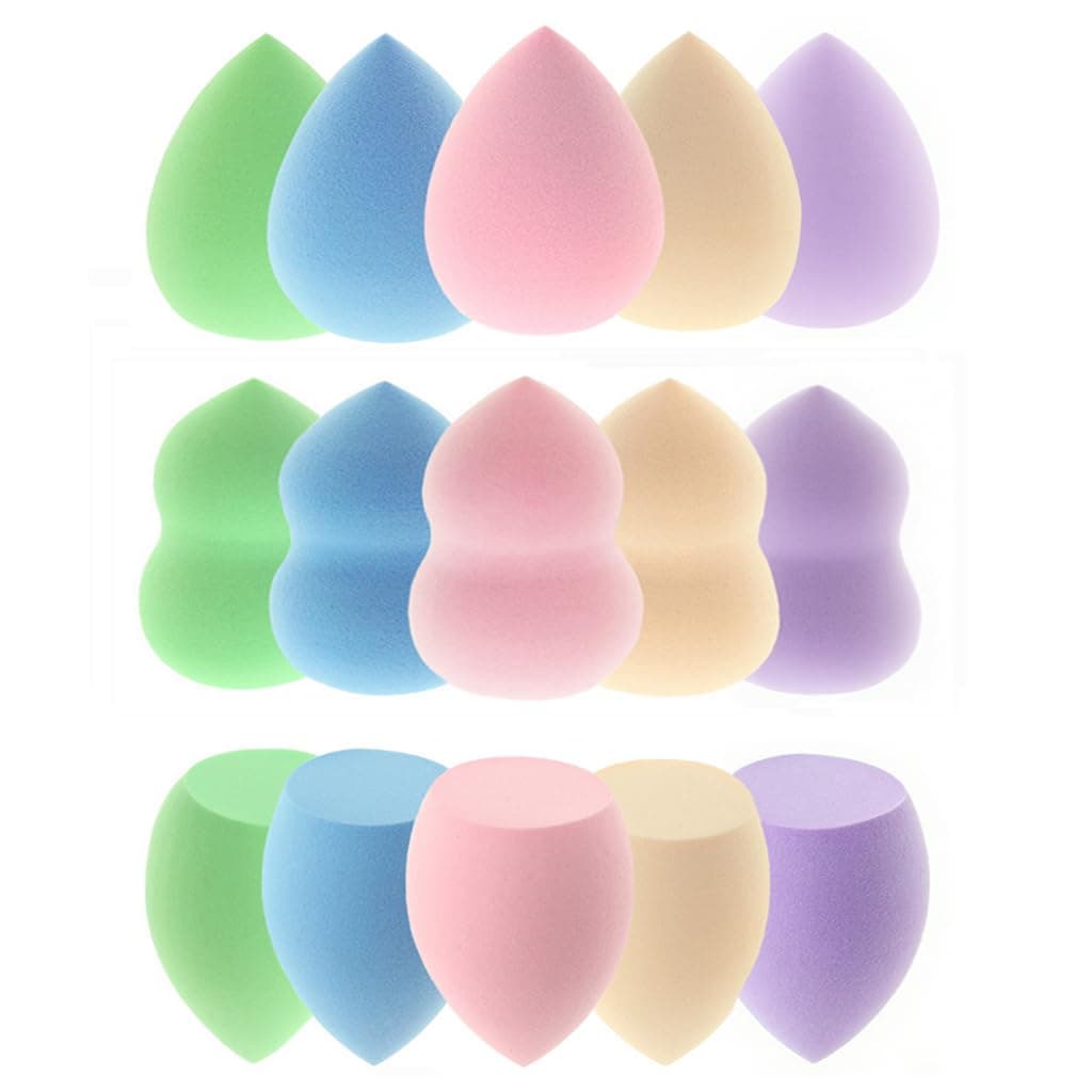 15 Pcs Makeup Sponges Set - 3 Shapes Multi-Colored Soft Cosmetic Sponges for Liquid, Cream & Powder Foundation, Concealer (Pink/Nude/Purple/Green/Blue)