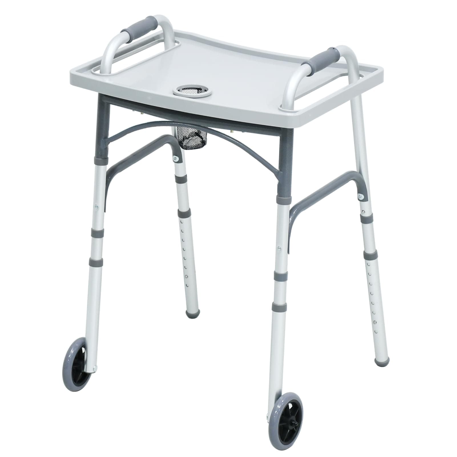 Foldable Walker with Tray，Lightweight Folding Walker with 5" Wheels Height Adjustable Aluminum Standard Walkers for Seniors up to 350 lbs