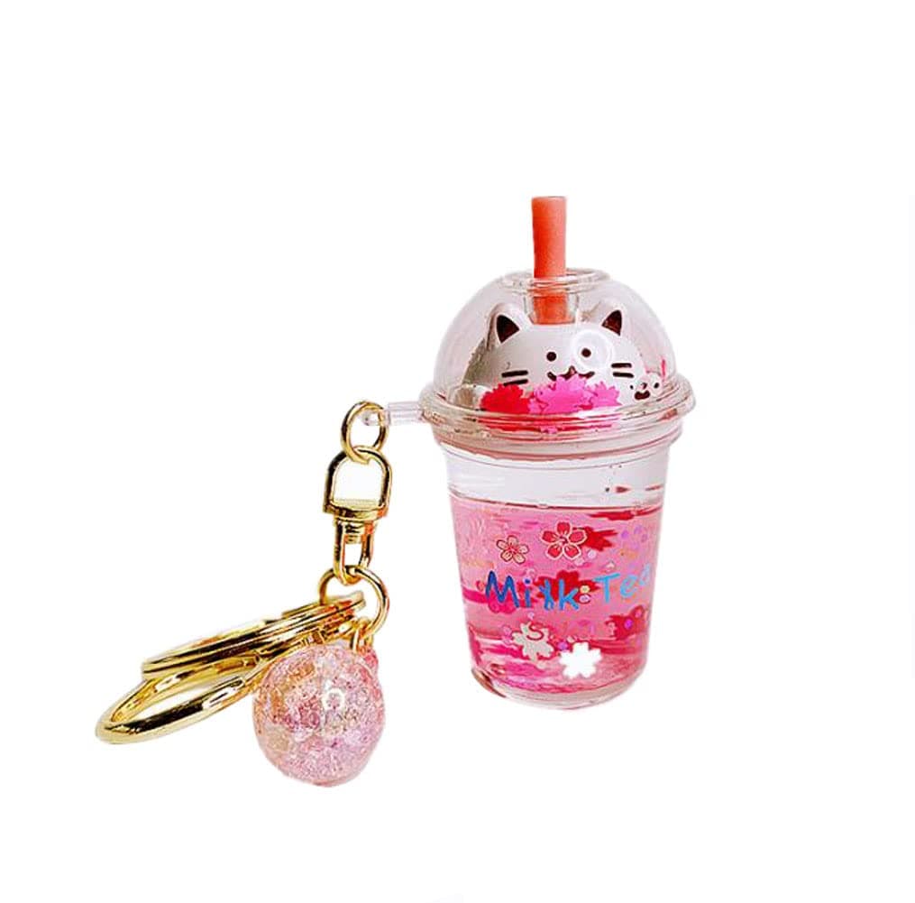 Cute Cat Milk Tea Keychain Simulation Bubble Milk Tea Key Chain Kawaii Transparent Liquid Keyring Car Key/Bag/Key Pendants Accessories DIY Jewelry Craft, Multicolor