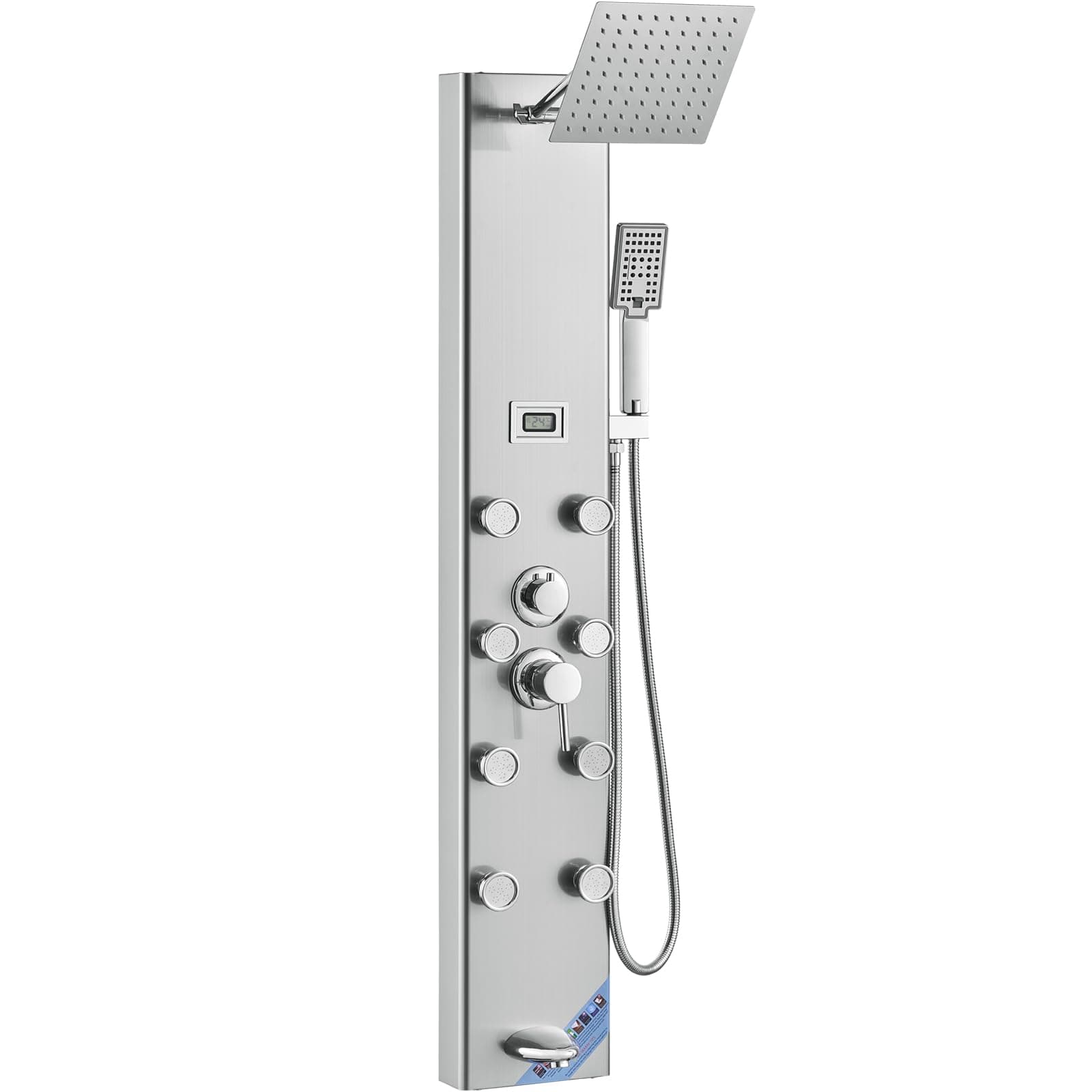 VEVOR Shower Panel Tower System, 5 Shower Modes, Digital Display Shower Panel, Rainfall, 8 Massage Jets, Tub Spout, 3-Setting Handheld Shower Head 59" Hose, Stainless Steel Wall-Mounted Shower Set