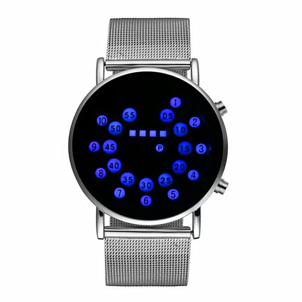 MINILUJIA Men Cool Digital Watch Binary Time LED Display Waterproof with Stainless Steel Mesh Band Unique Creative Fashion Wristwatches (Blue Display)
