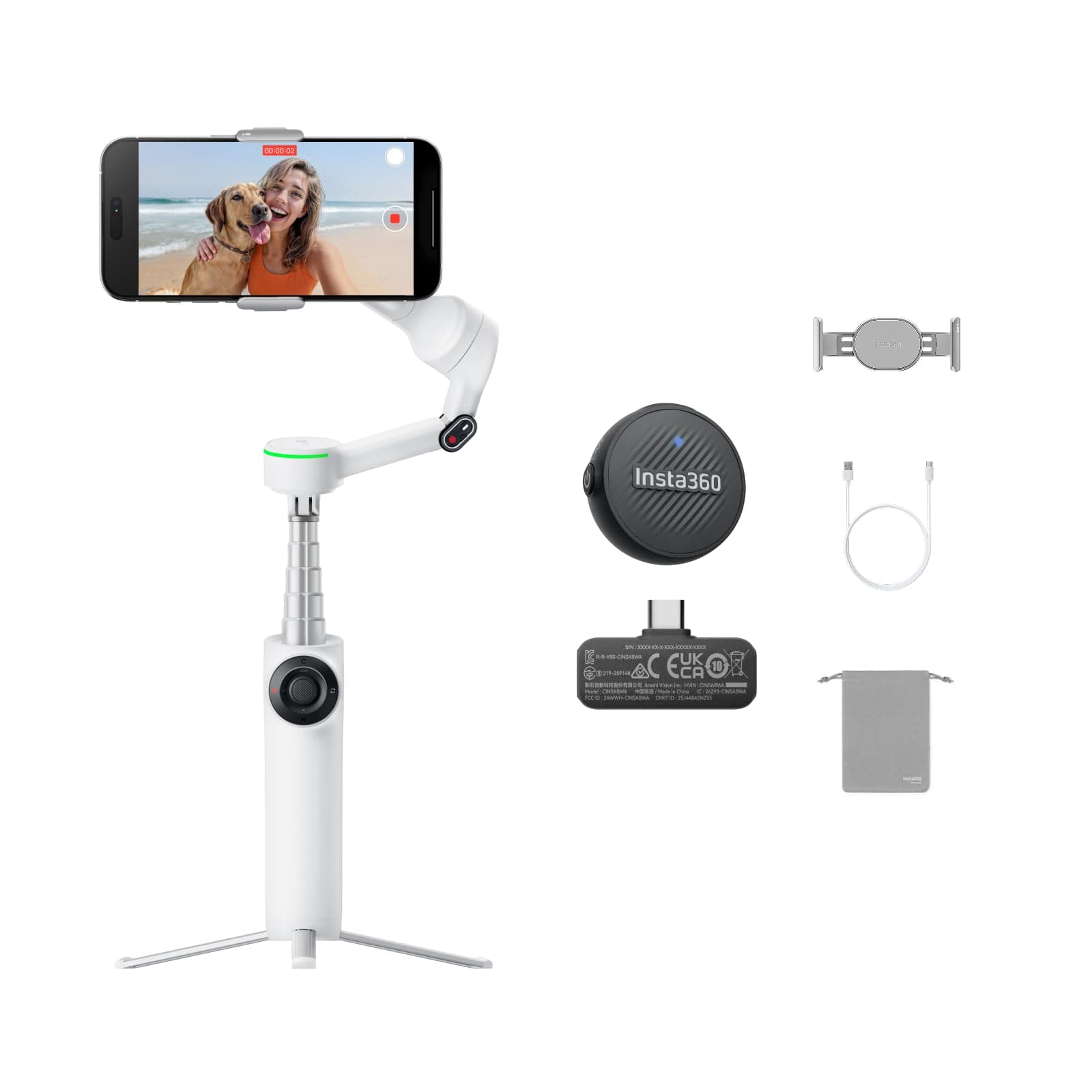 Insta360 Flow 2 Pro Mic Bundle White - Foldable AI Phone Gimbal, Track in 200+ iOS Apps, Multi-Person & 360 Pan Tracking, Built-in Tripod/Selfie Stick, iPhone/Android Stabilizer