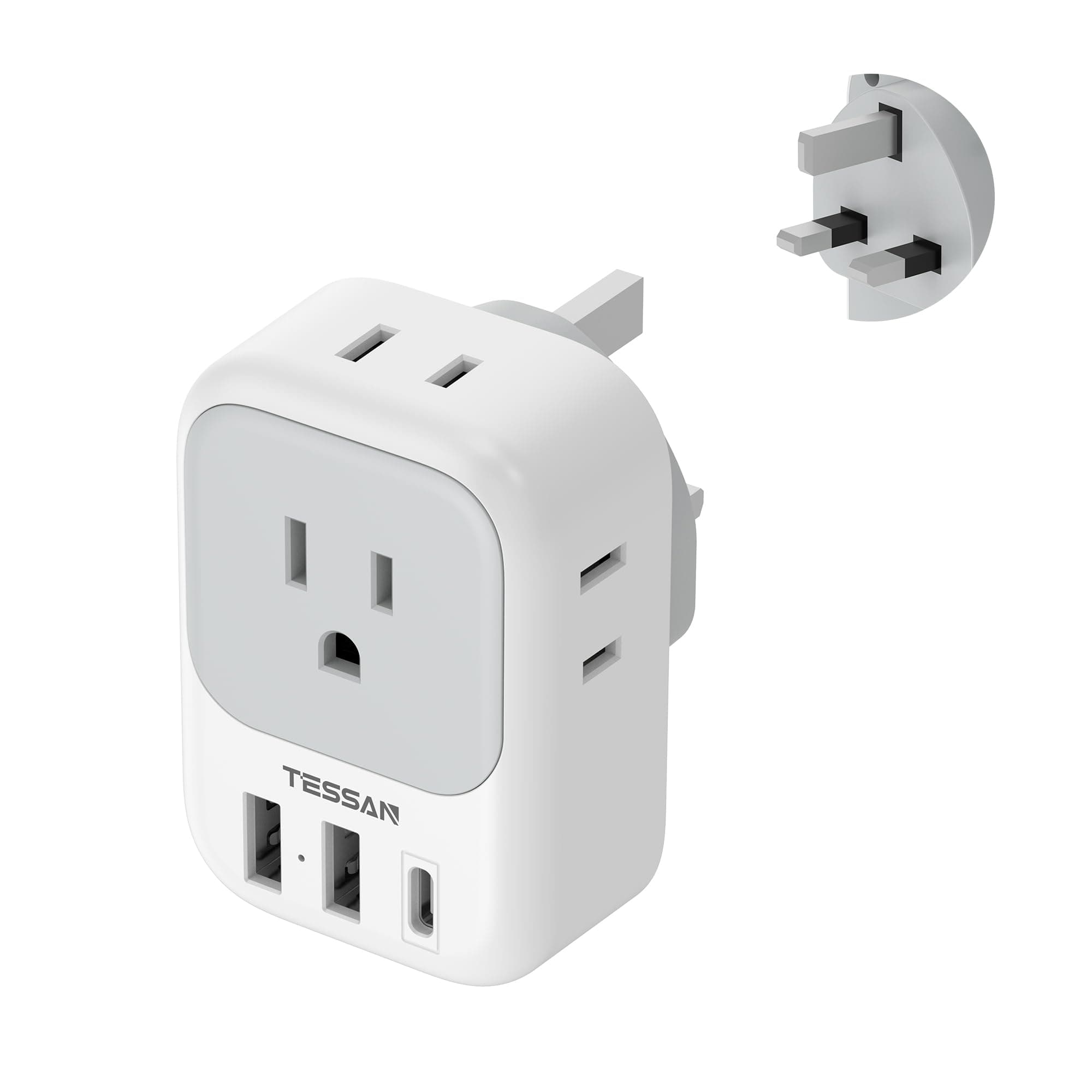 US to UK Plug Adapter, TESSAN Type G Travel Converter with 3 USB Charger(1 USB C Port), 4 Outlets Power Adaptor for USA to Qatar Ireland Hong Kong England Scotland Kenya Dubai London British