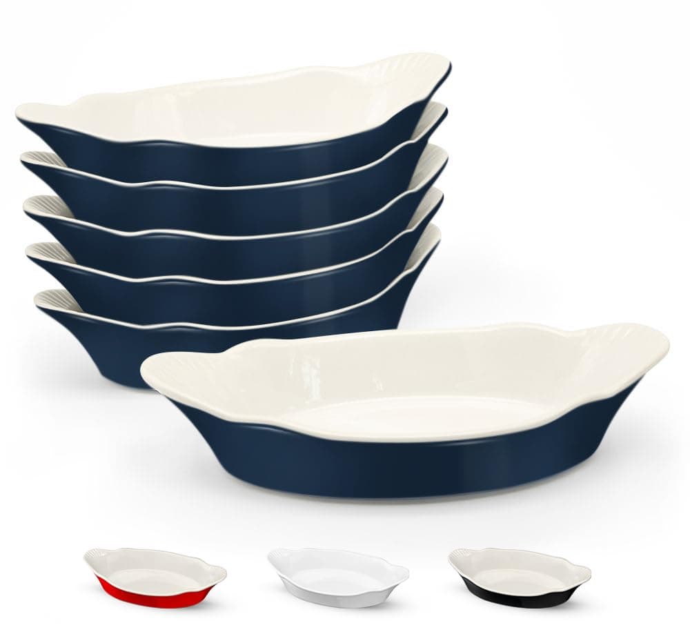 Au Gratin Baking Dishes, by Kook, Mini Casserole Dish, Set of 6, for Banana Split, Oven and Microwave Safe, Dishwasher Safe, Ceramic Serving Dishes, Lasagna & Cobblers, Individual Serving, 12 oz (Navy)