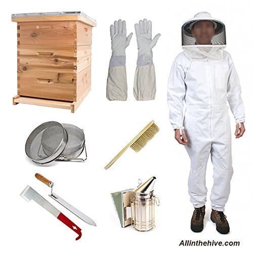 Bee Keeping Beehive Starter Kit. Langstroth BeeHive, 2 brood chambers and a super unassembled, all frames and wax included, beekeeper suit, gloves, smoker and pellets, J Hive tool, Uncapping Knife and Strainer