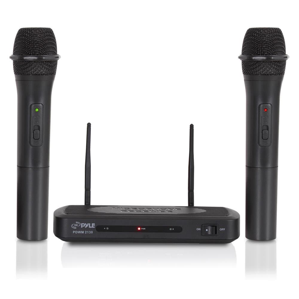 Pyle Dual Channel Wireless Microphone System - Dual Frequency Wireless Mic Receiver Set with 2 Handheld Dynamic Transmitter Mics, Receiver Base - PA, Karaoke, Dj Party - PDWM2130