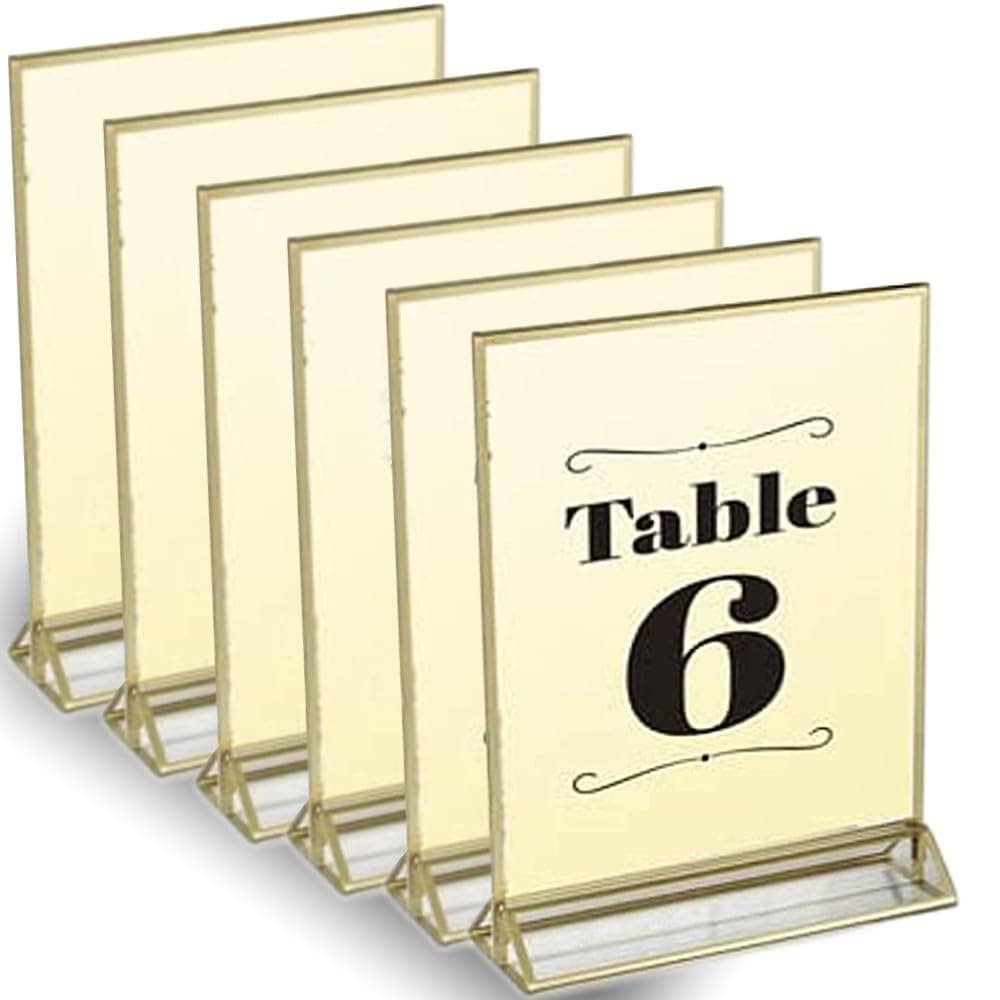 Clear Acrylic 2 Sided Frames with Gold Borders and Vertical Stand (Pack of 6) | Ideal for Wedding Table Number Holder, Double Sided Sign, Clear Photos, Menu Holders