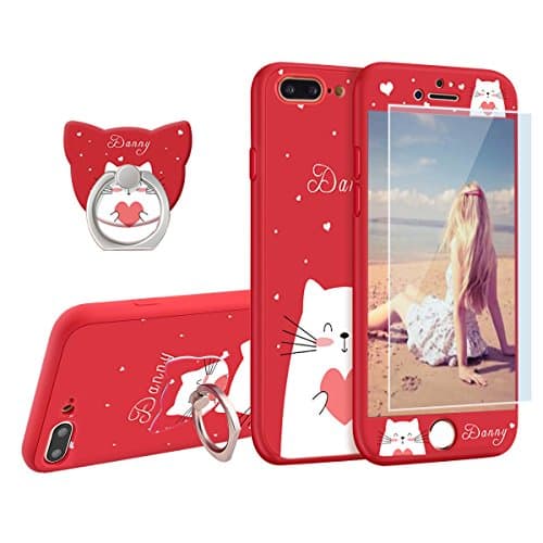Newseego Compatible with iPhone 7 Plus Case,iPhone 8 Plus Case, 360 Full Body Cute Cartoon Slim Cover Soft Flexible TPU Protector Skin with Ring Holder Stand for iPhone 7/8 Plus-Red Cat