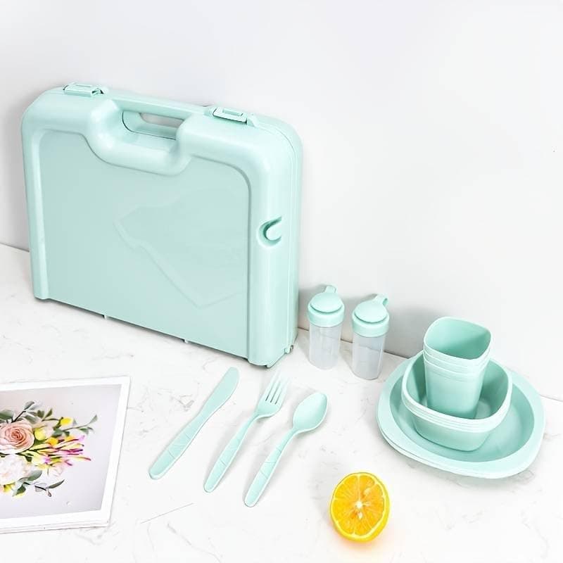 RELEMTRA Tableware Set with Case, Camping Crockery Set, 27-Piece Camping Cutlery Set for 4 People, Ideal for Camping, Travel, Hiking and Picnics Outdoor