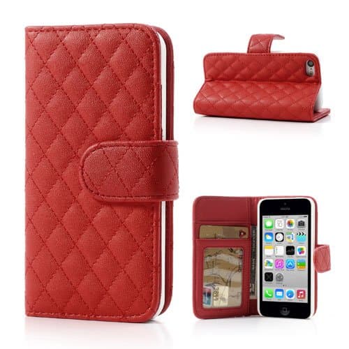 Slick Shell Quilted Red Rhombus Soft PU Leather Wallet Case with Card Holder and Foldable Stand for Apple iPhone 5C