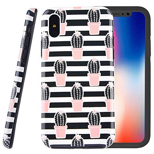 Dimaka Case for iPhone X and XS, Double Layer Stripe Floral Cactus Hybrid Shockproof Hard PC Soft TPU High Impact Protective Case for iPhone X and XS(65, iPhone X and XS)