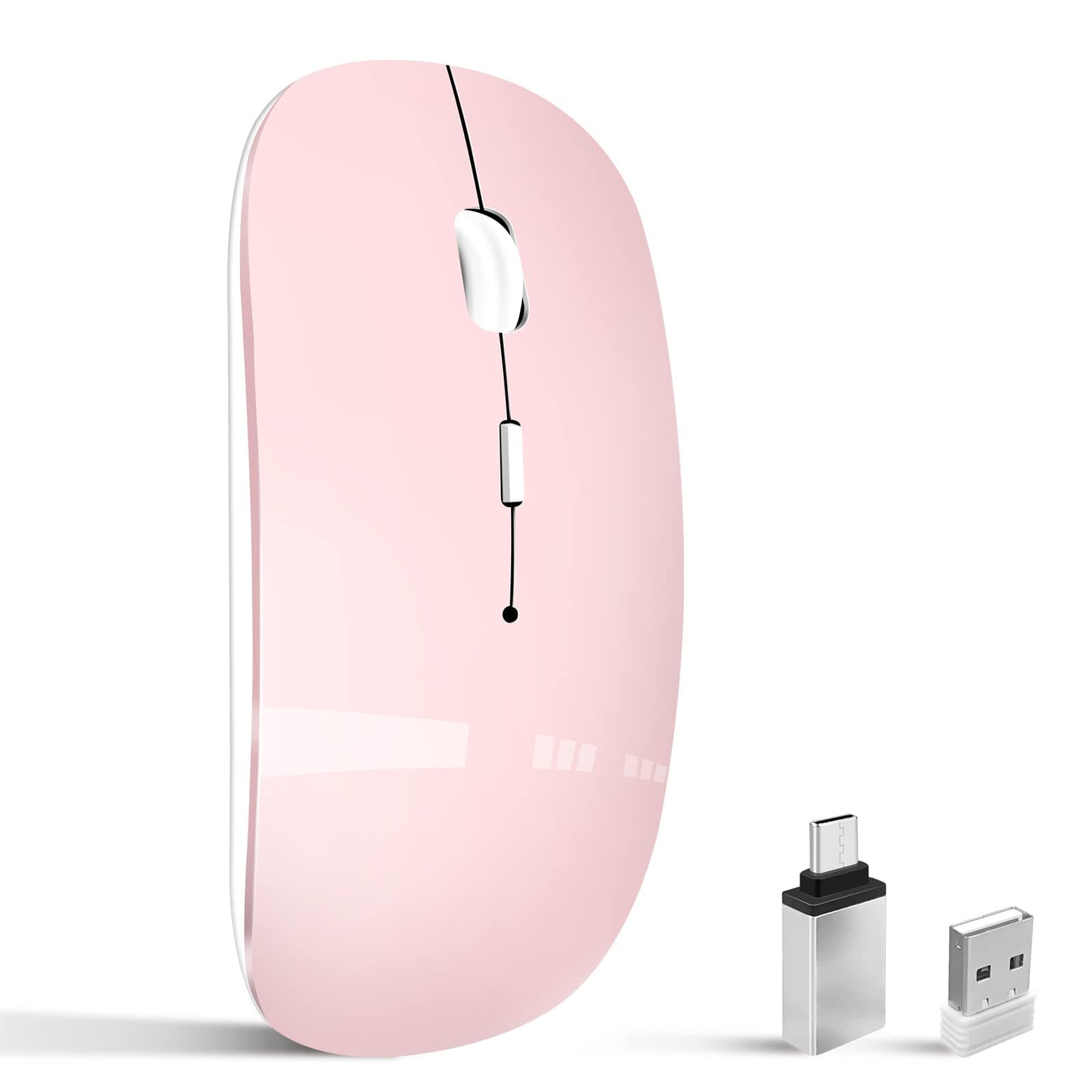 Vxeei Wireless Mouse for Laptop, Bluetooth Mouse for MacBook Pro/Air/Mac/iPad/Chromebook/Computer -Rechargeale Dual Mode(USB 2.4Ghz + Bluetooth 5.2) Silent Cordless Mice with USB C Adapter,Pink