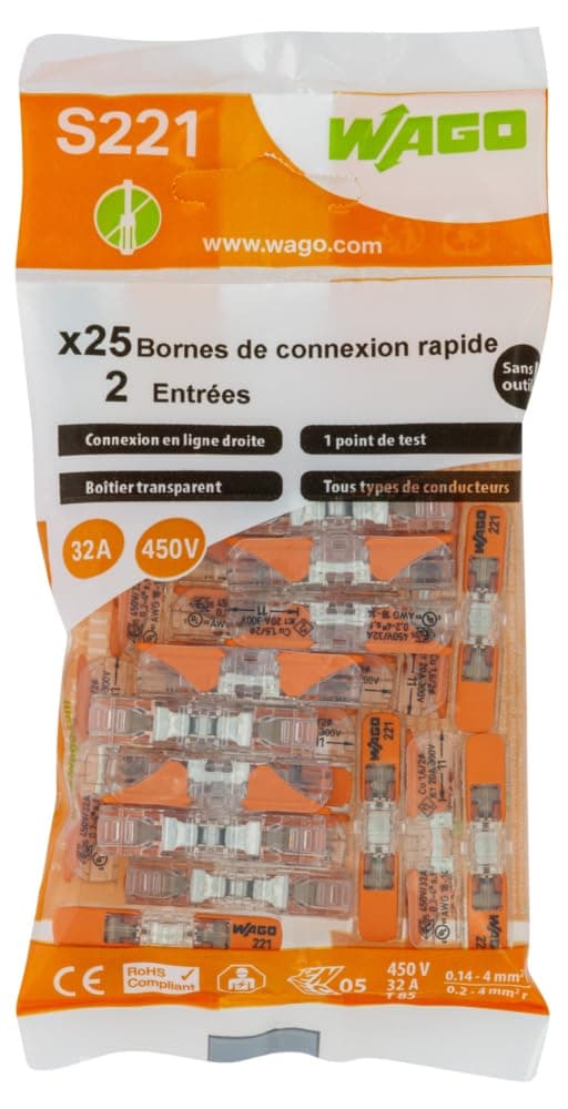 S221 2 Inline Input Terminals, 25 Positions, Transparent, Clamp, Plastic, Panel Mount, 32A, 405V