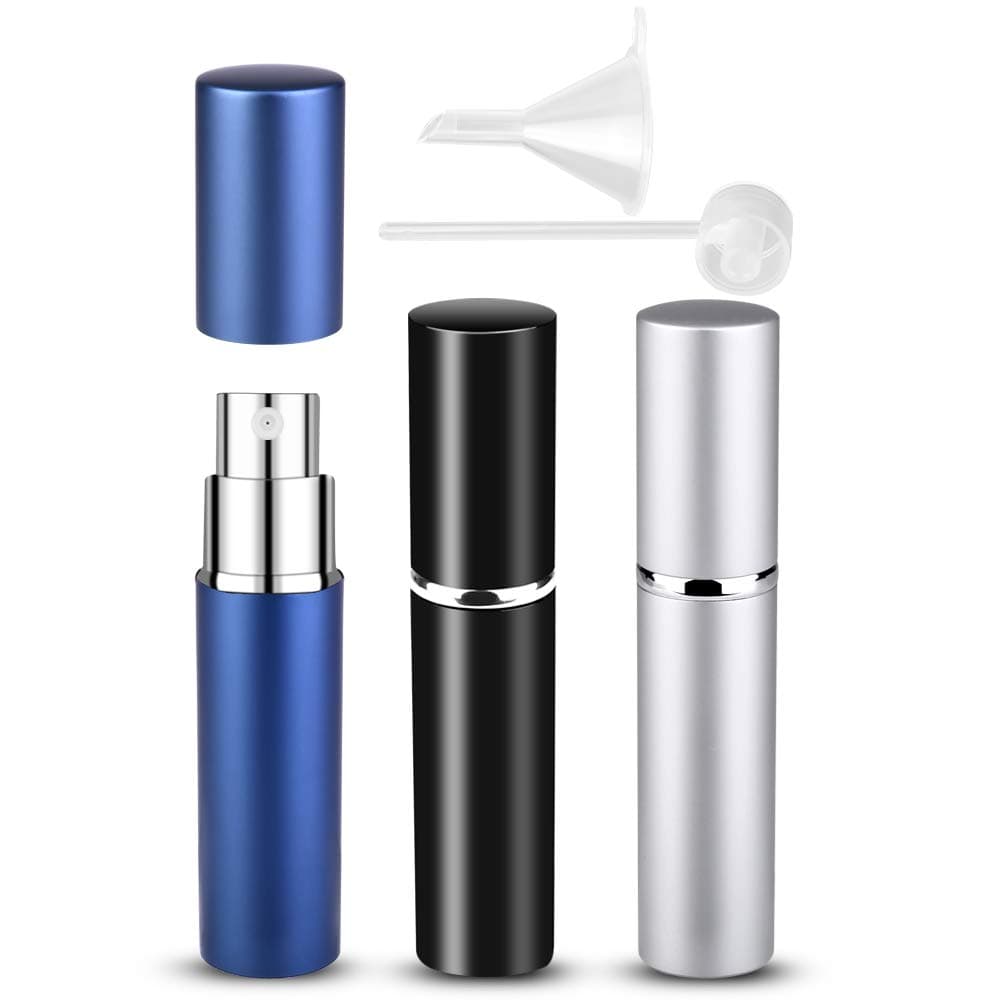 Zingso Refillable Travel Perfume Atomiser Bottles, 3 Pcs 6ml Mini Portable Spray Bottles Refillable Perfume Aftershave Atomiser Empty Travel Bottles with Funnel (Black+Silver+Dark Blue)