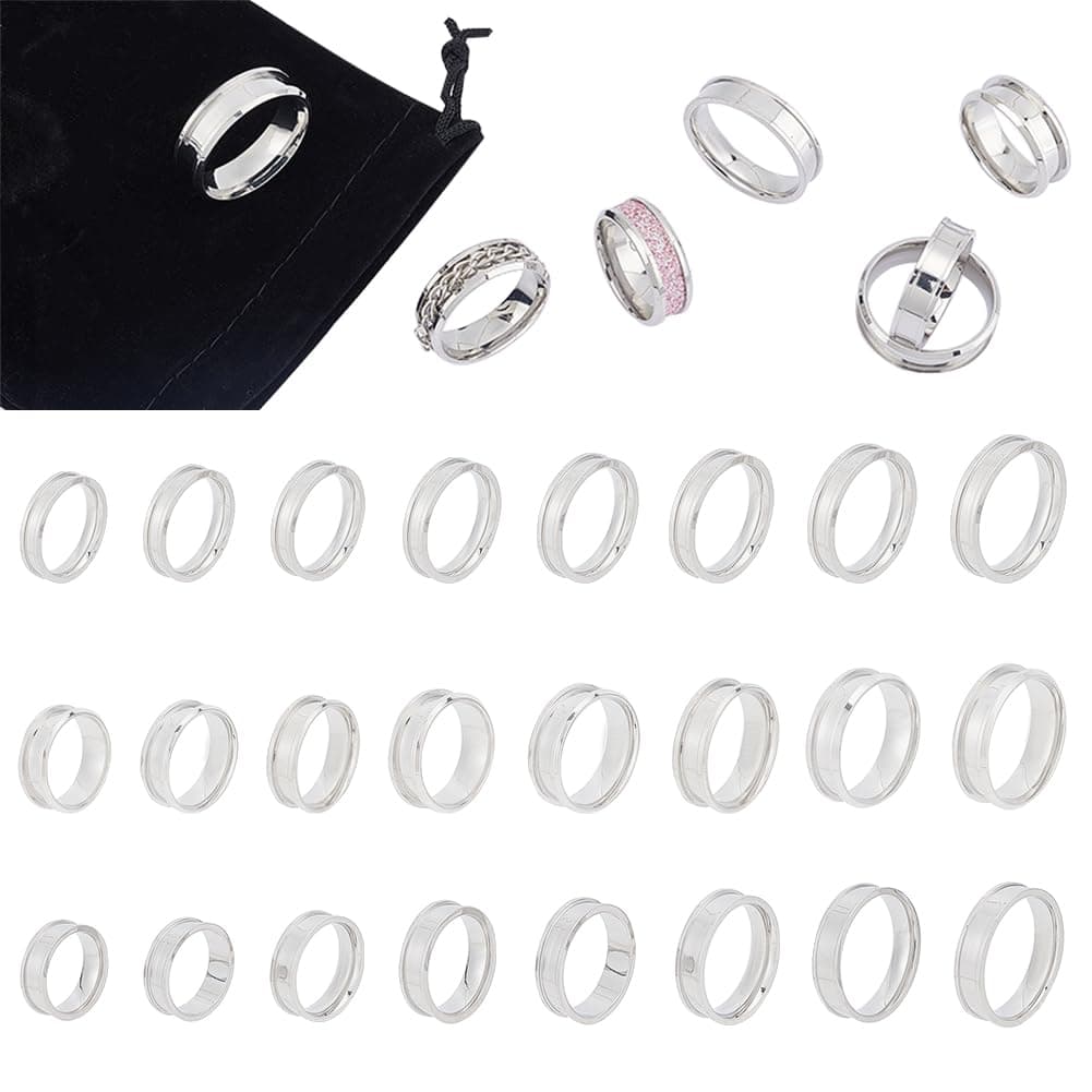 UNICRAFTALE about 24pcs 3 Styles Blank Core Ring 8 Sizes Stainless Steel Grooved Ring with Velvet Pouches Round Blank Ring for Inlay Ring Jewelry Making Gift Stainless Steel Color