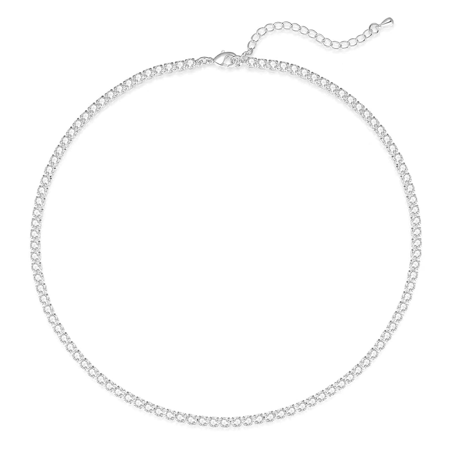 Tennis Necklace for Women 18K Silver Plated Rhinestone Choker Necklaces Dainty Zirconia Cut Faux Diamond chain Wedding Jewelry for Women
