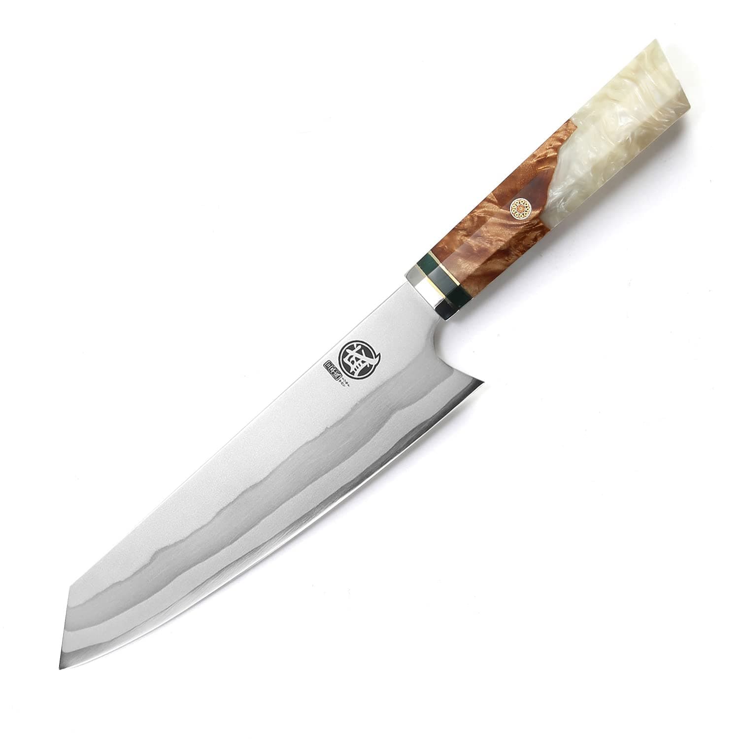 MITSUMOTO SAKARI 8 inch Japanese Kiritsuke Knife - Hand Forged 440C Damascus Steel, Professional Kitchen Chef Knives with White Pomegranate Handle & Sandalwood Box