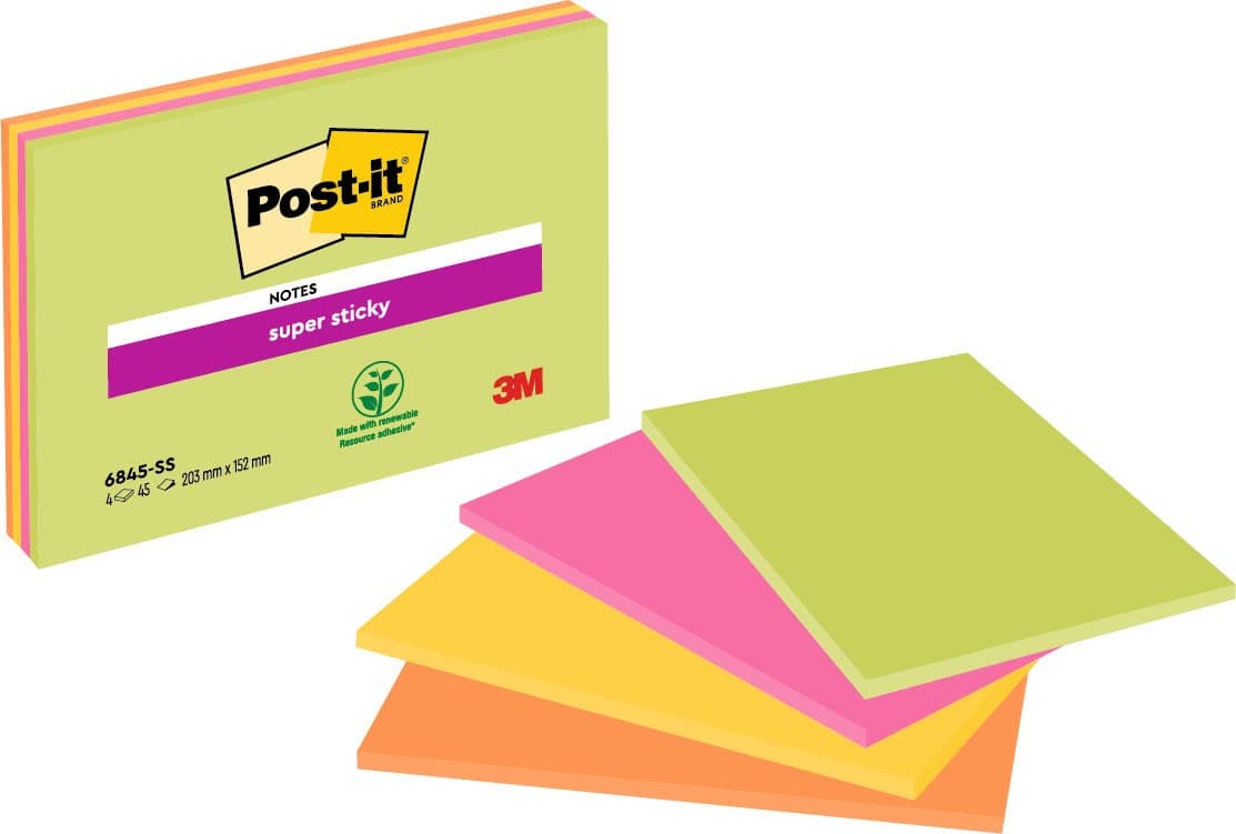 Super Sticky Notes, Double the Sticking Power, Extra Large, 4 Pads, 180 Sheets, 203 mm x 152 mm, Green, Orange, Pink, Yellow Colors - Self-Sticking Notes for Walls, Monitors and Fridge