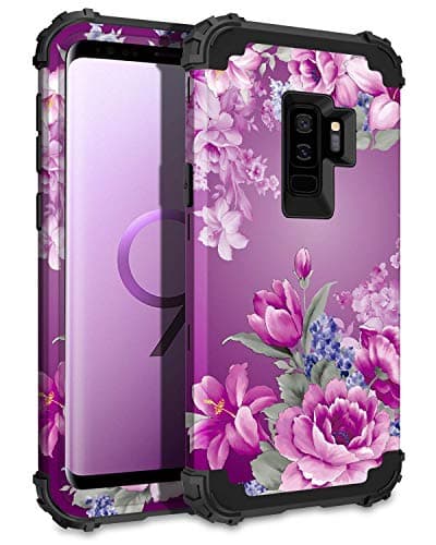 Lontect Compatible Galaxy S9 Plus Case Floral 3 in 1 Heavy Duty Hybrid Sturdy High Impact Shockproof Protective Cover Case for Samsung Galaxy S9 Plus - Black/Purple Flower