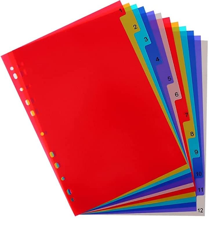 True-Ally A4 Plastic Separator,12-Tab Binder Dividers, Write & Erase Big Tab Dividers Ring Binders, Dividers for 2/3/4/11 Ring Binders, Insertable Multicolor Tabs (1 Set (Total 12 Sheets))