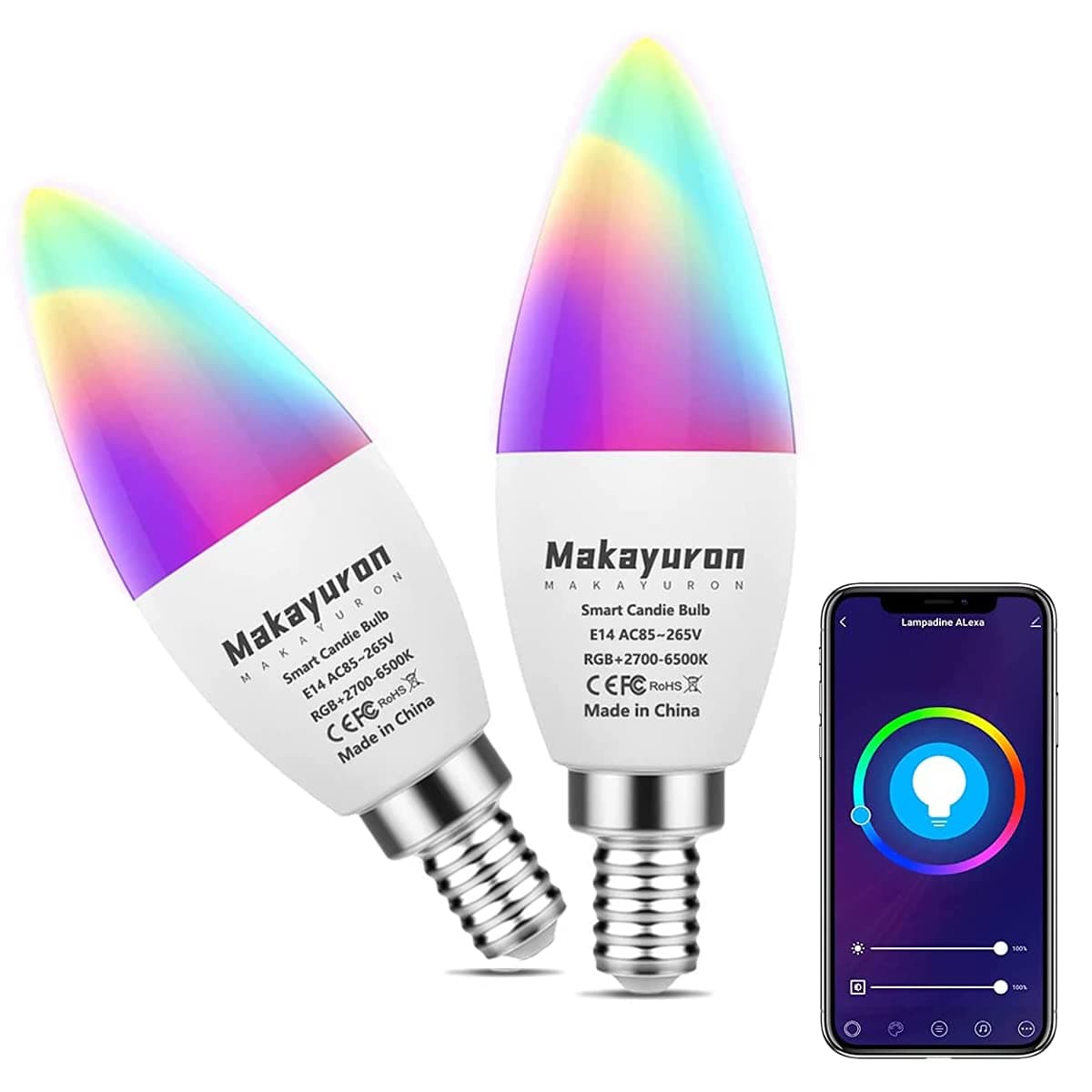 Makayuron Smart Candle Light Bulb 4 Pack, Smart WiFi E14 Base Candle Light Bulb 5W 450lm, AC 85-265V, RGBCW, Compatible with Alexa Echo, Google Home, 16 Million RGB + Cool White + Warm White (2 Pack)