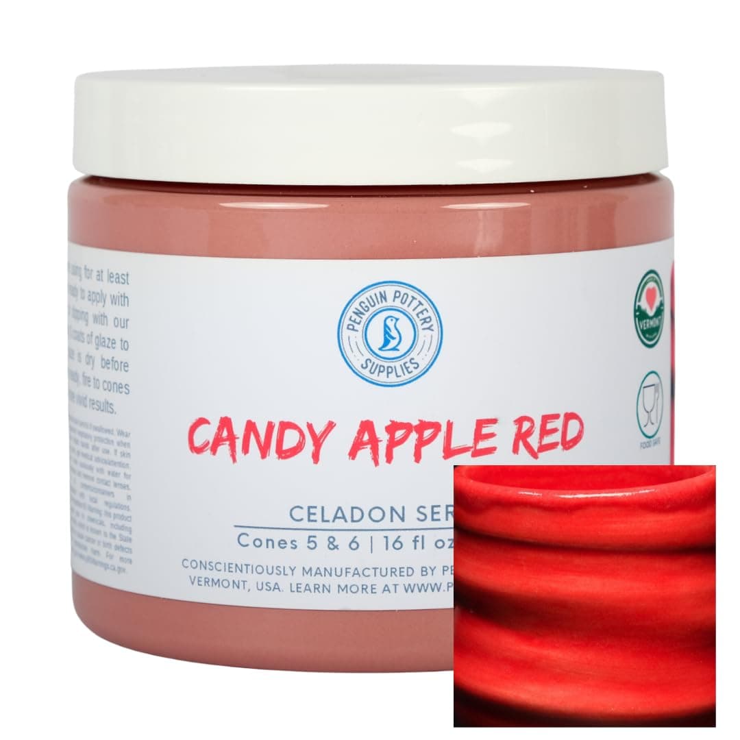 Penguin Pottery - Celadon Series - Candy Apple Red - Mid Fire Glaze, High Fire Glaze, Cone 5-6 for Mid Fire Clay, High Fire Clay - Ceramic Glaze Pottery (1 Pint | 16 oz | 473 ml)