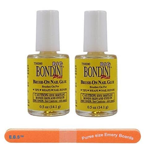 Bondini Plus Brush-On Glue, 0.5 oz (Pack of 2) + 2 E.B.S TM purse size emery boards.