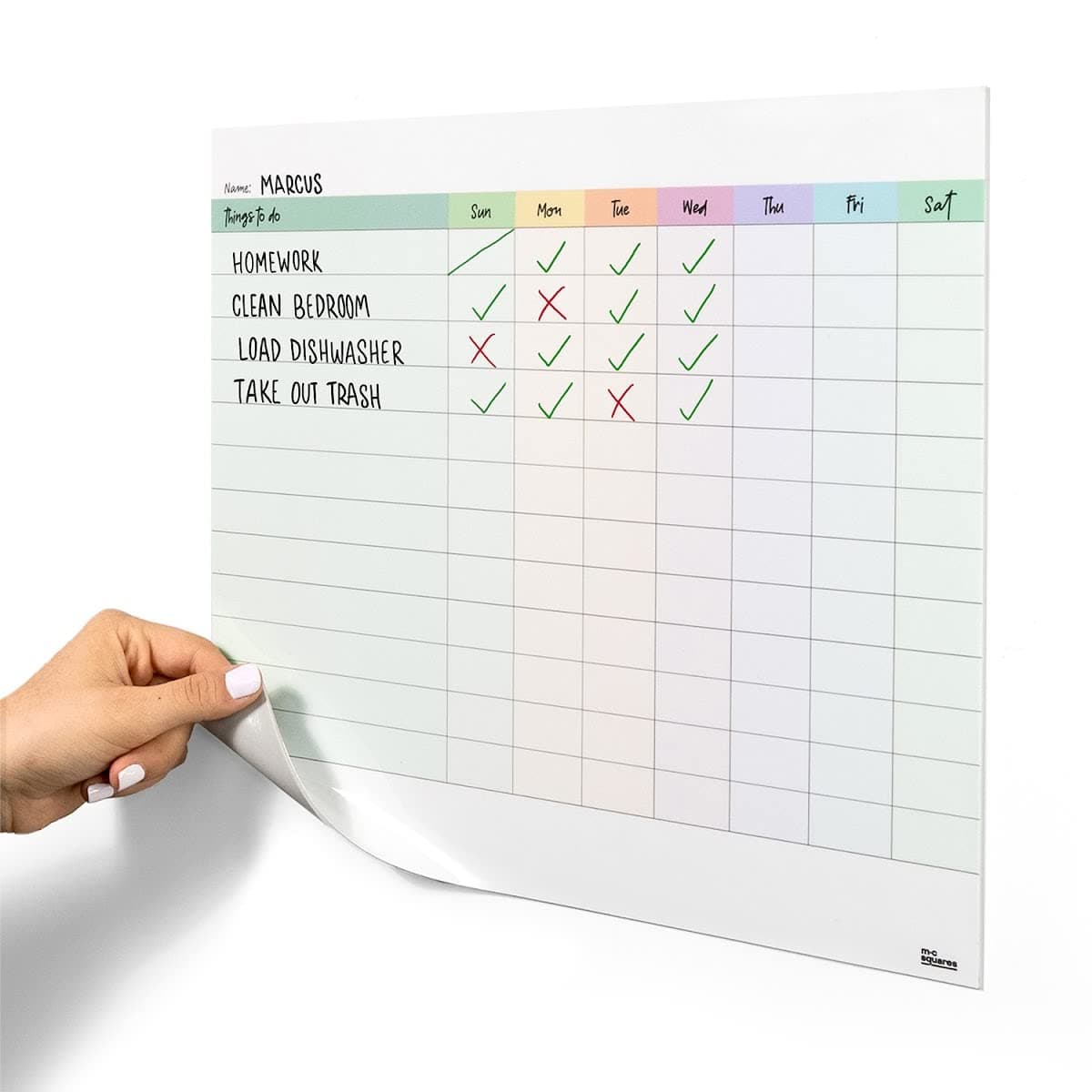 M.C. Squares Dry Erase Chore, Task, Habit Chart | Erasable White Board Cling to Stainless Steel Fridge, Mirror, Cabinets | Home, Office, School | with Wet Erase Marker | 13.5” x 12” | USA Made