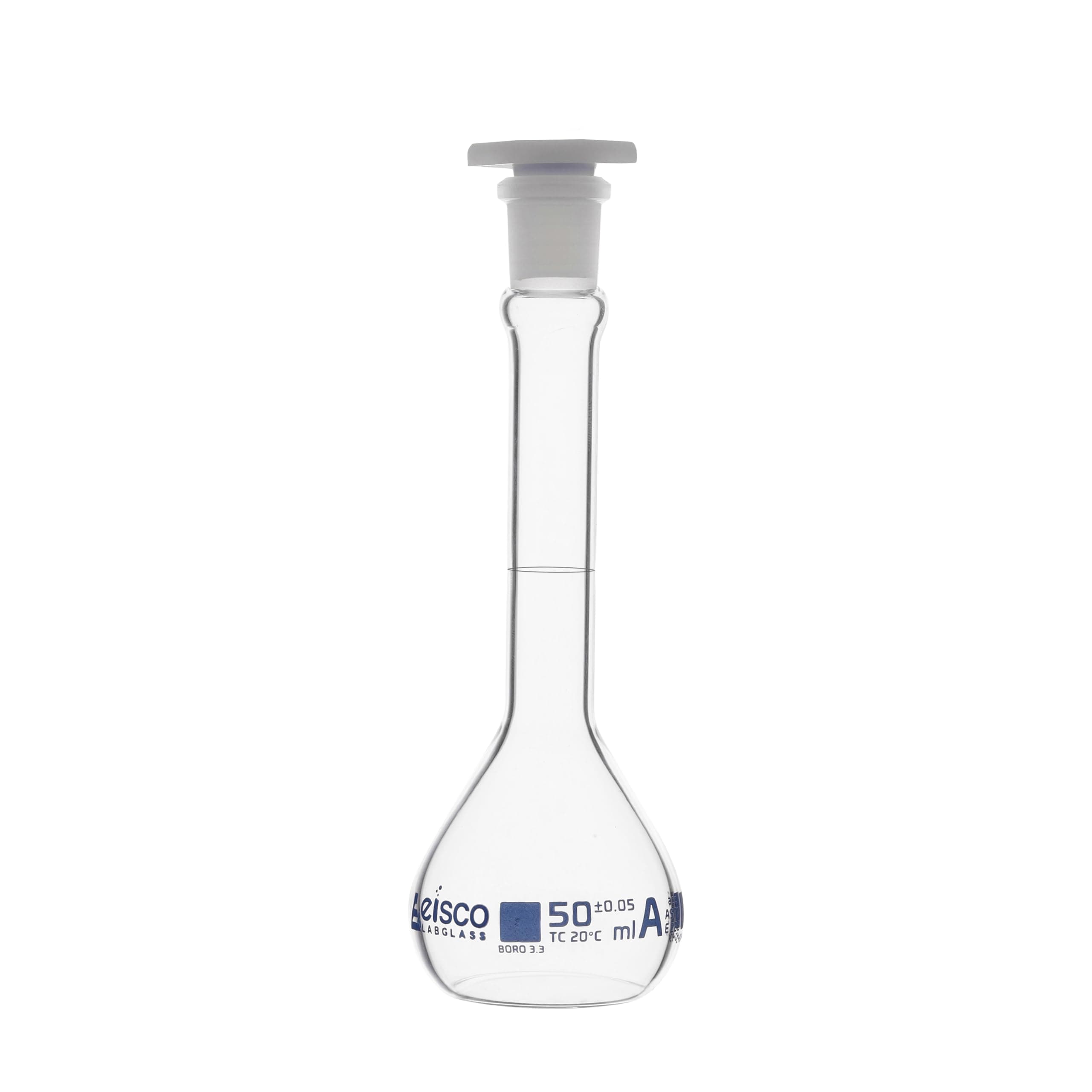 EISCO Volumetric Flask, 50ml - ASTM, Class A - Tolerance ±0.05ml - Interchangeable, Size 13 Polypropylene Stopper - Single, White Graduation - Borosilicate Glass