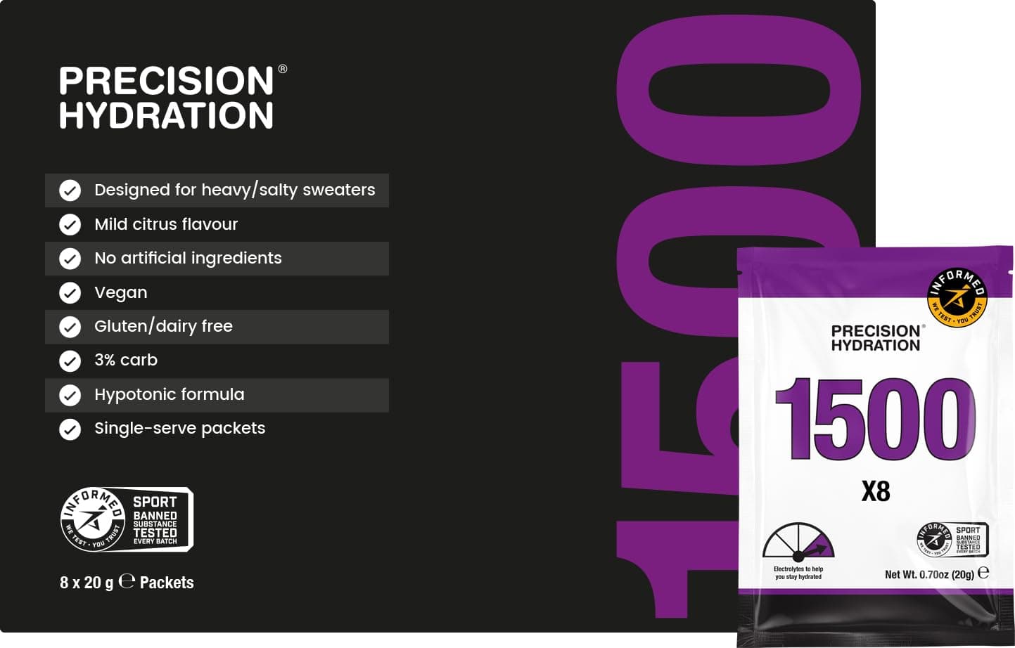 Electrolyte Powder Packets - No Artificial Ingredients, Multi Strength Hydration Packets - Individual Waterproof Servings - Gluten/Dairy Free (1500mg/l - Purple, Pack of 8)